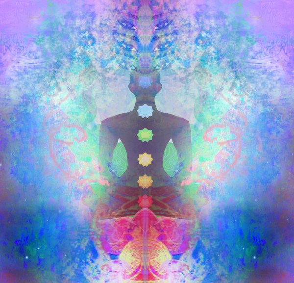 Yoga Lotus Pose. Padmasana With Colored Chakra Points.